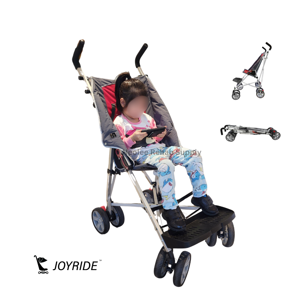 Child seated comfortably in the Joyride CP Stroller demonstrating supportive pediatric positioning, safety harness, and smooth mobility for outdoor use.