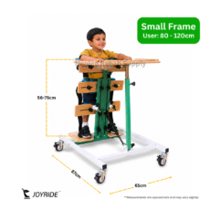 Joyride Prone Standing Frame in small frame size for children 80 to 120 cm tall, featuring supportive chest, waist, and leg positioning pads with adjustable standing support system.