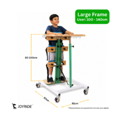 Joyride Prone Standing Frame in large frame size designed for users 100 to 140 cm tall, with adjustable support pads, activity tray, and pediatric standing therapy frame.