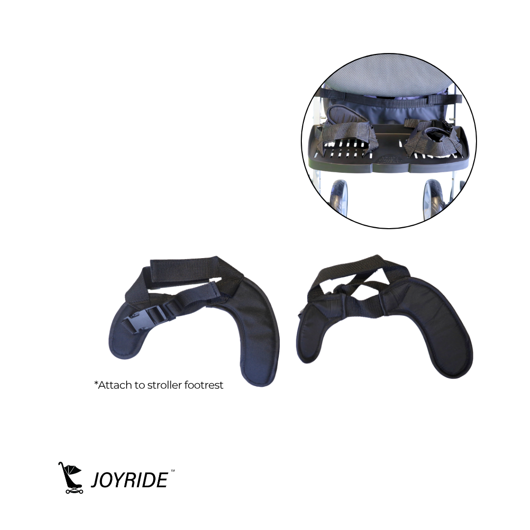 Joyride ankle huggers with safety straps for secure foot positioning, lower limb alignment, and improved posture support in pediatric CP strollers.