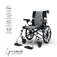 Studio product image of the Lynx Lite 20 lightweight wheelchair with feature icons highlighting portability, comfort, ergonomic support, and foldable construction.