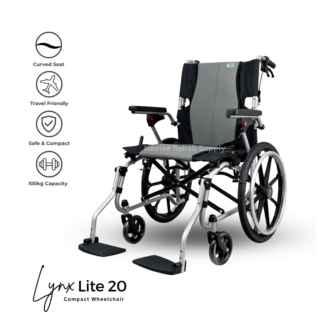 Studio product image of the Lynx Lite 20 lightweight wheelchair with feature icons highlighting portability, comfort, ergonomic support, and foldable construction.
