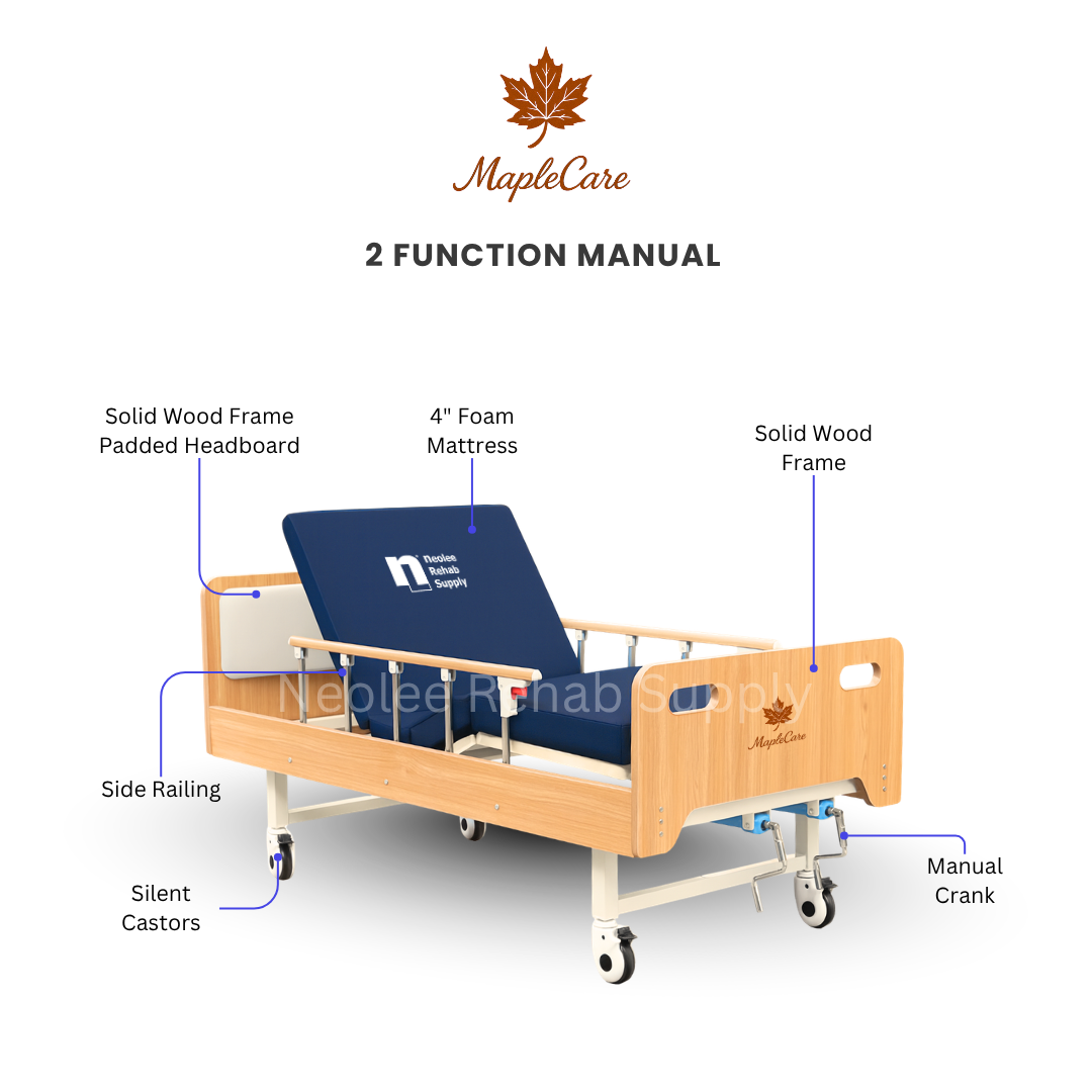 MapleCare 2-function manual homecare bed showing adjustable functions, side railings, foam mattress, silent castors