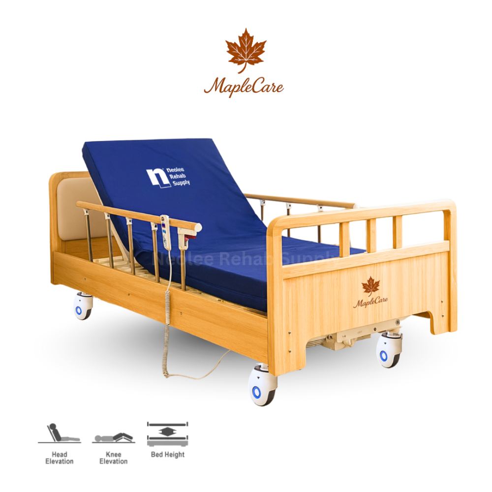 MapleCare 3-function electric homecare bed with adjustable head, knee, and height elevation for patient care