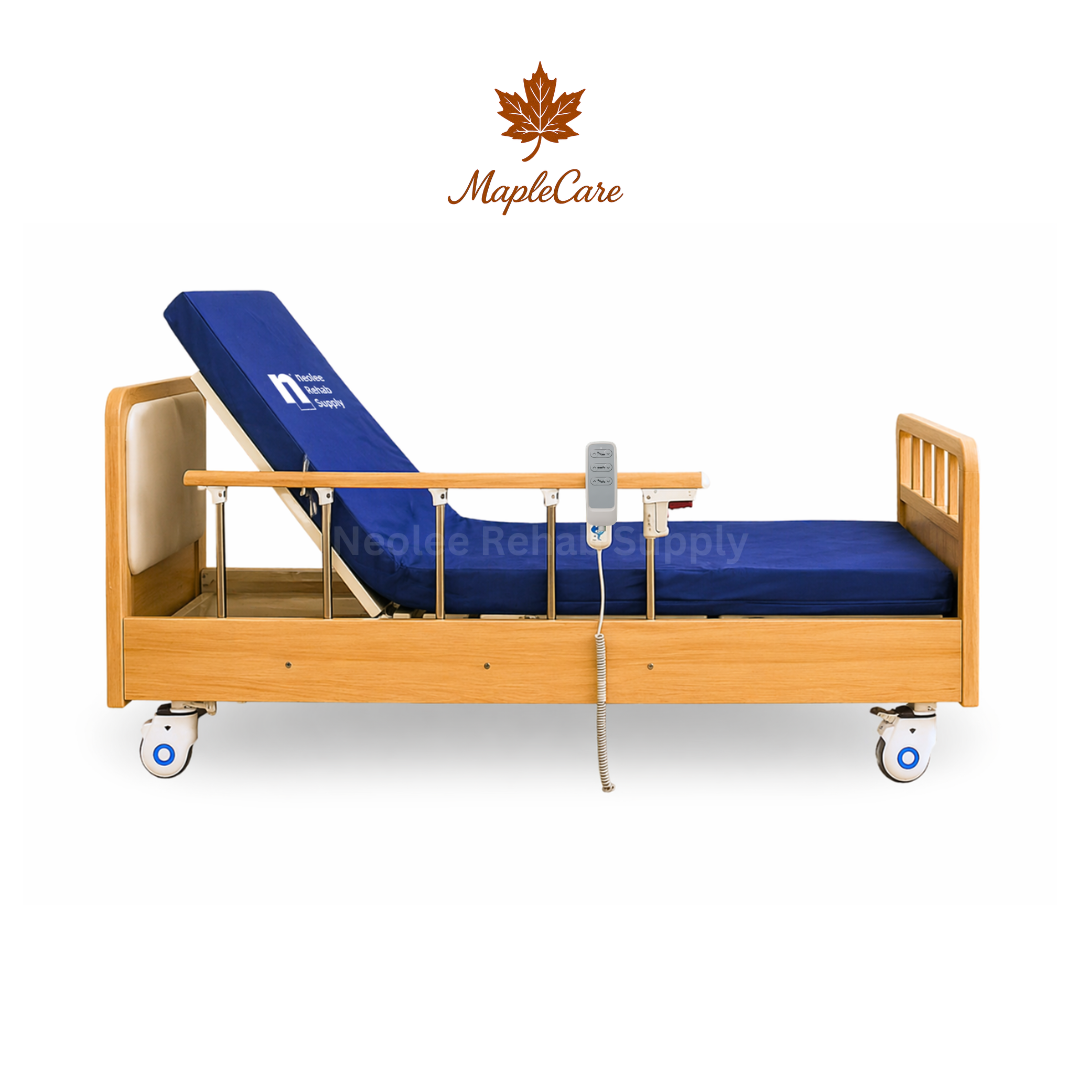MapleCare 3-function electric homecare bed with adjustable backrest, side rails, and remote controller for patient comfort and care