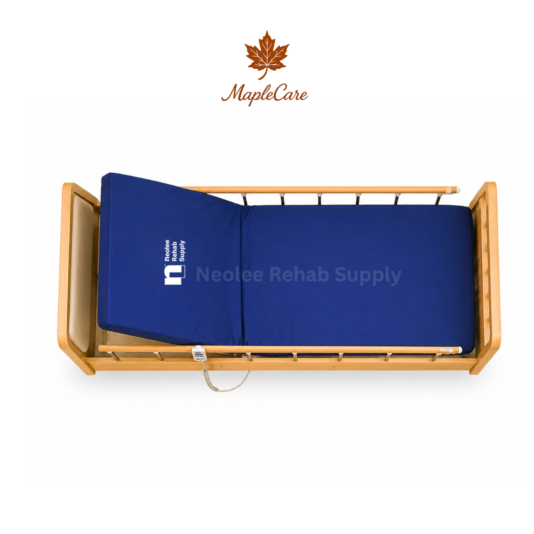 Top view of MapleCare 3-function electric homecare bed with foam mattress and protective side railings