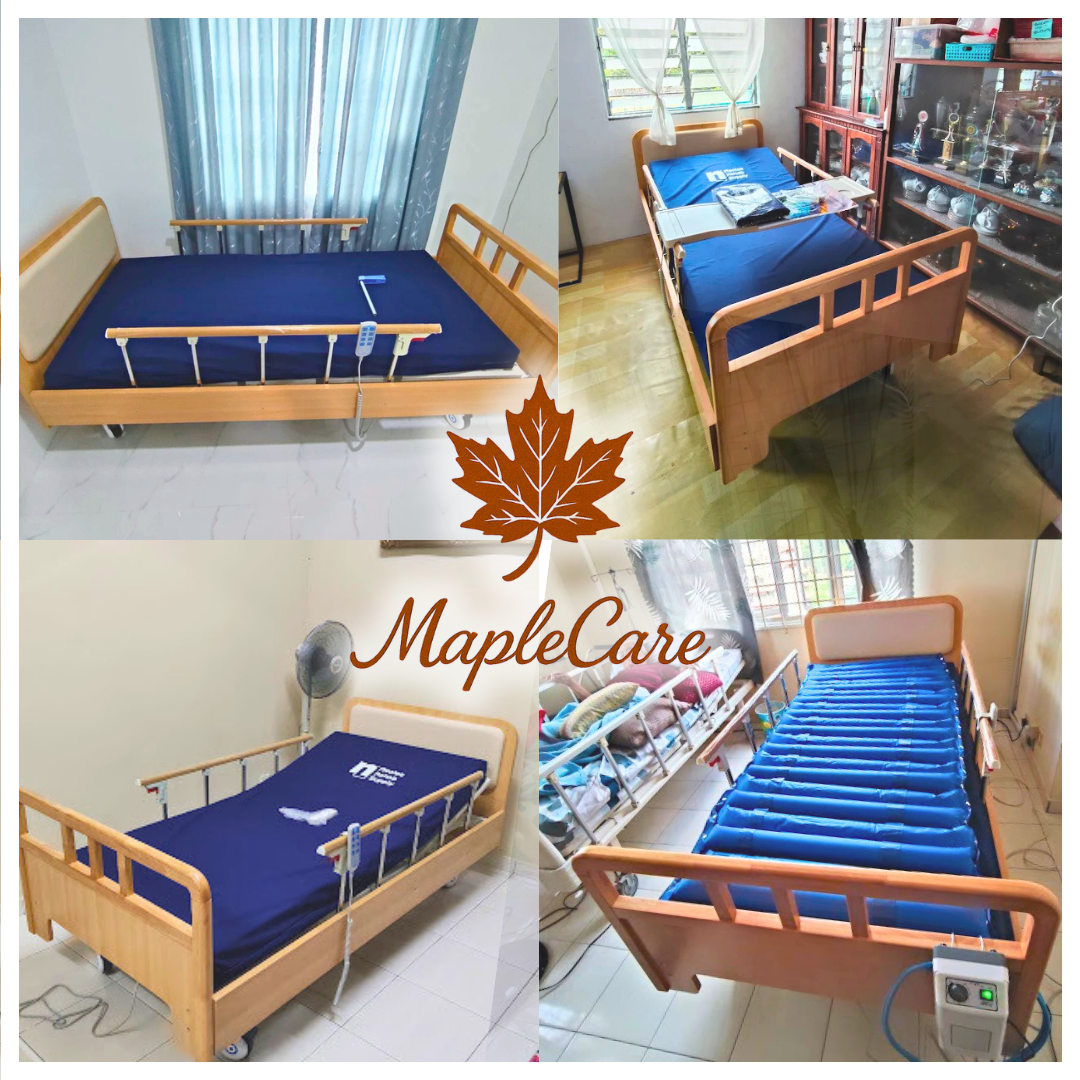 MapleCare 3-function electric homecare bed home delivery to customers. Wood frame matching with home environment