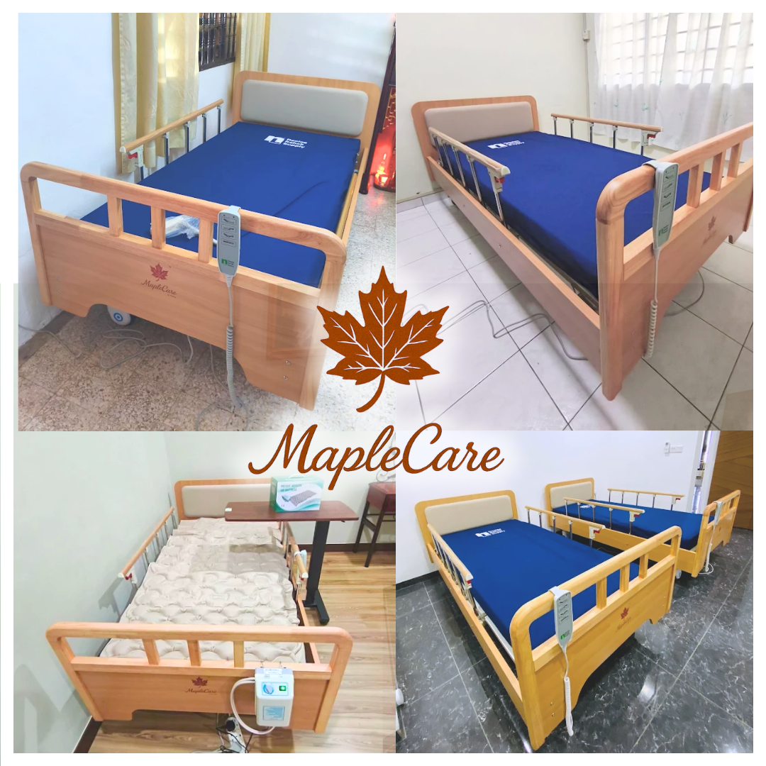 MapleCare 3-function electric homecare bed home delivery to customers. Wood frame matching with home environment