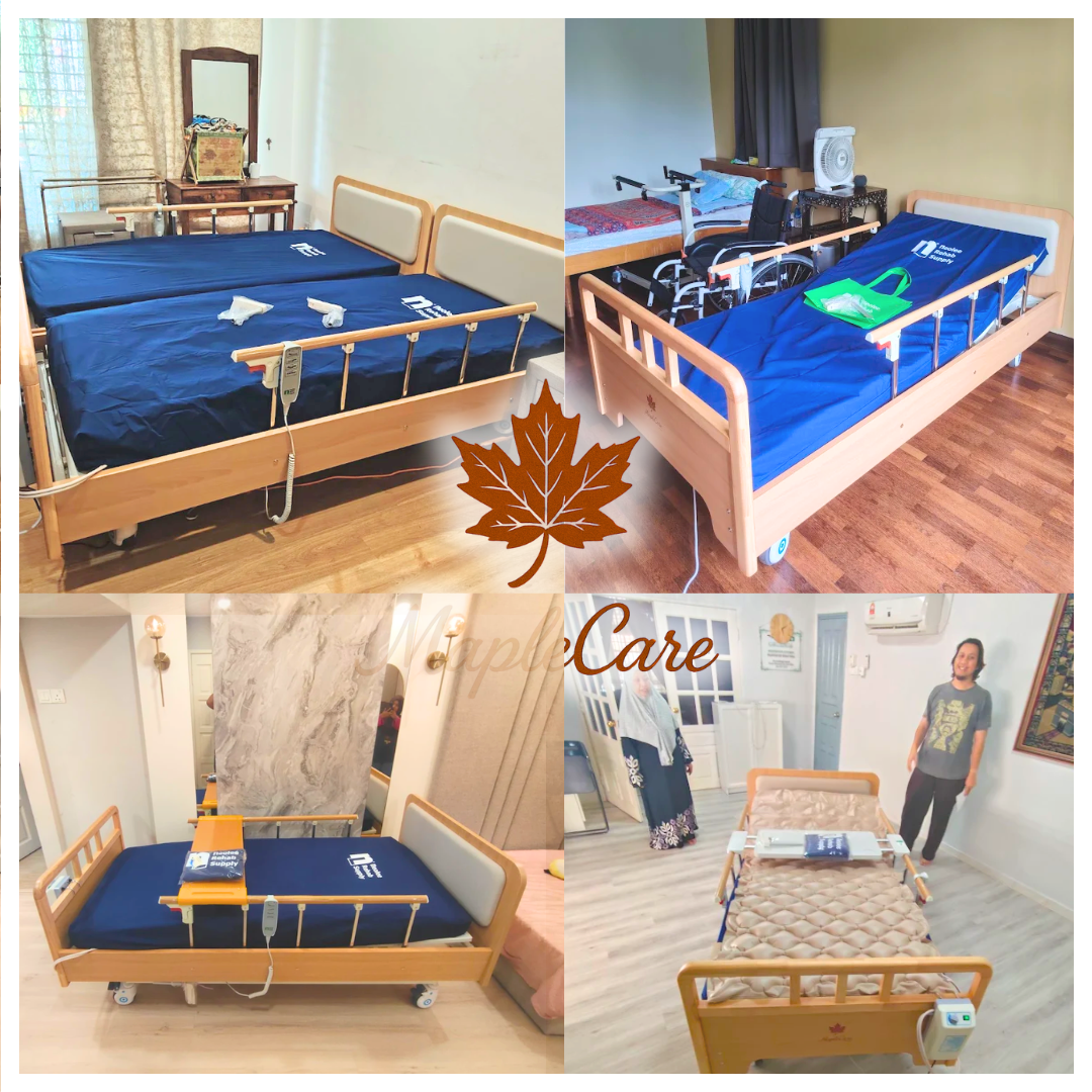 MapleCare 3-function electric homecare bed home delivery to customers. Wood frame matching with home environment