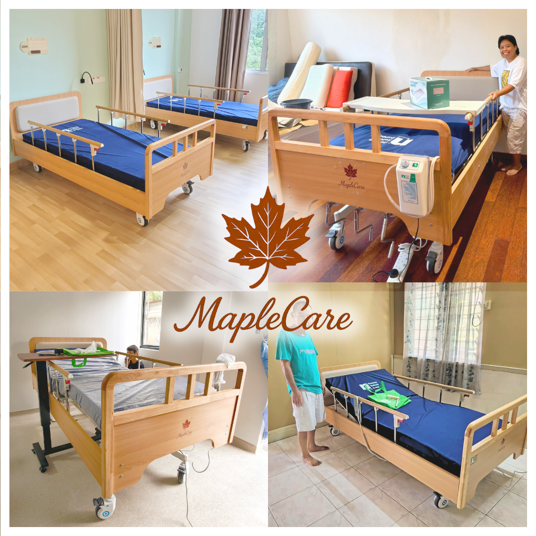 MapleCare 3-function electric homecare bed home delivery to customers. Wood frame matching with home environment