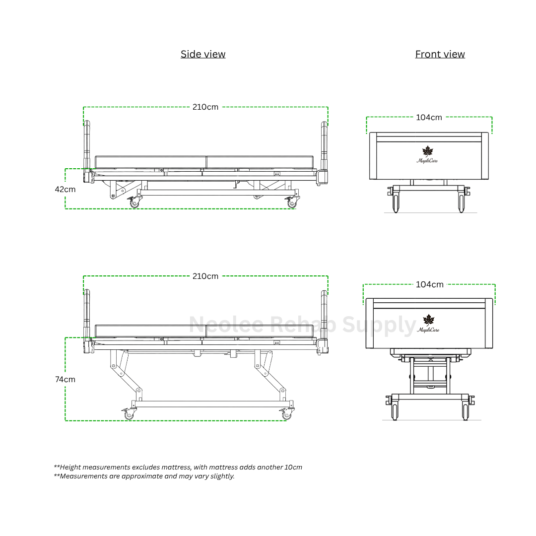 MapleCare 3-function electric homecare bed side dimensions and measurements