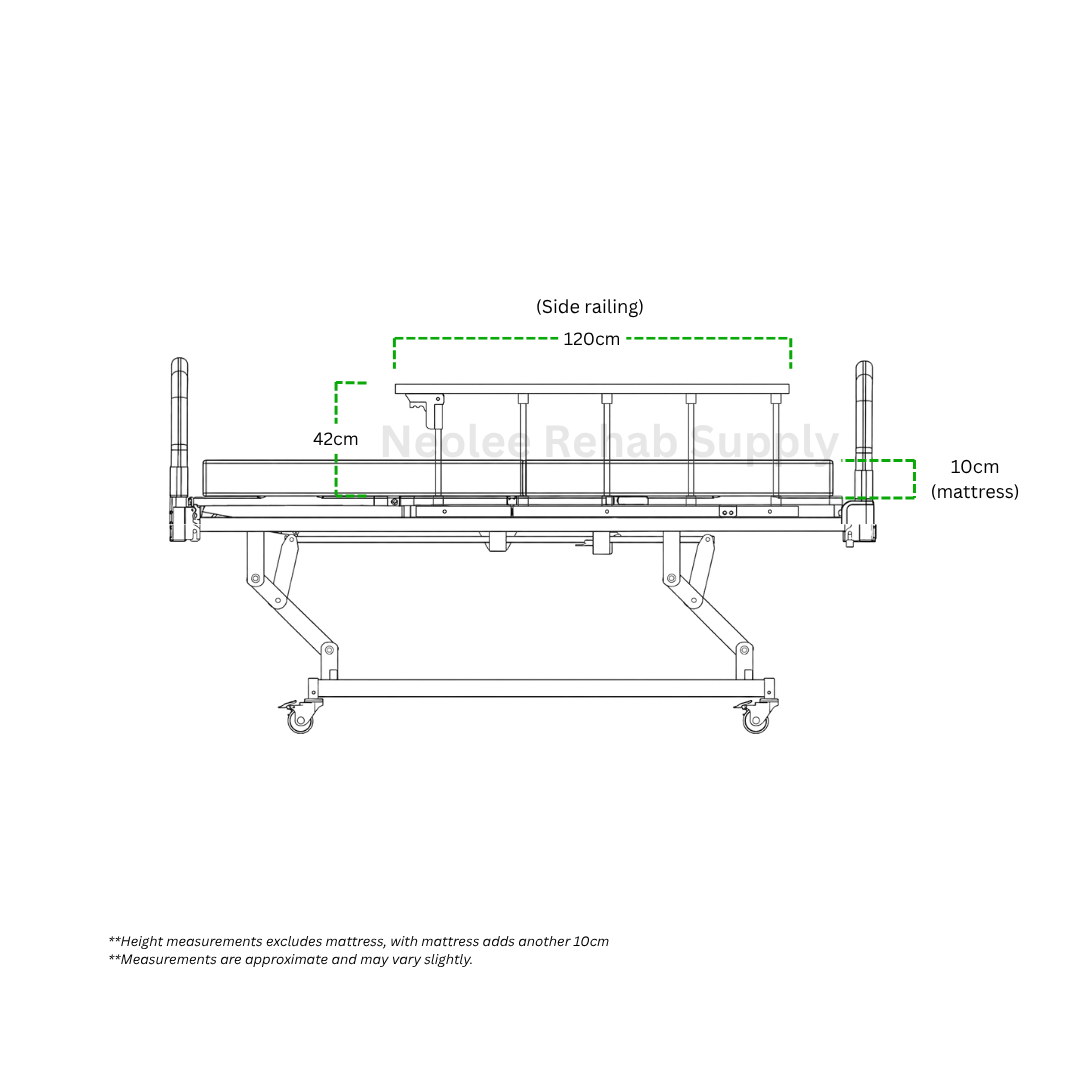 MapleCare 3-function electric homecare bed side dimensions and side railing measurements