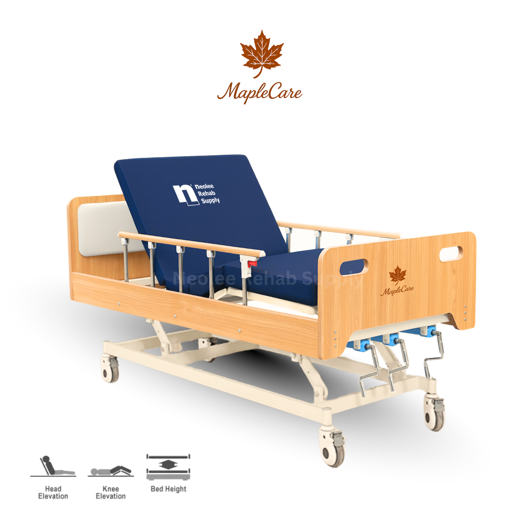 MapleCare 3-function manual homecare bed with adjustable head, knee, and height elevation for patient care