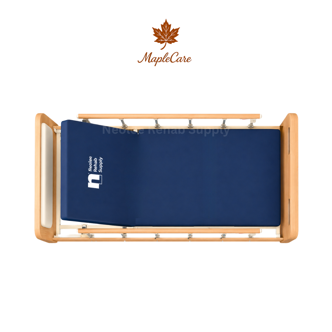 Top view of MapleCare 3-function manual homecare bed with foam mattress and protective side railings