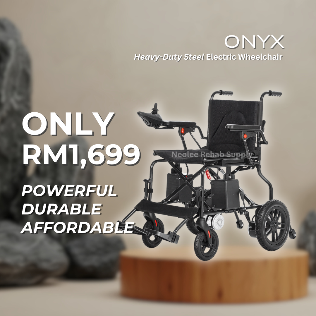 Lifestyle promotional image of the ONYX Heavy-Duty Steel Electric Wheelchair displayed on a modern background highlighting heavy-duty construction, powered mobility, and compact design.