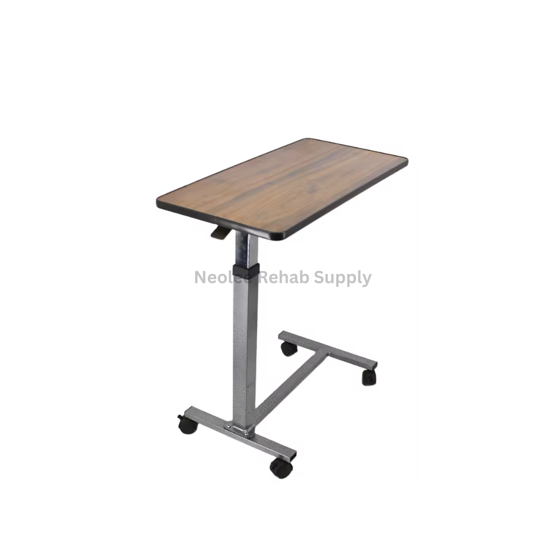 Adjustable overbed table with wheels featuring a wood-finish tabletop and sturdy rolling frame designed for bedside dining, laptop use, and home care convenience.