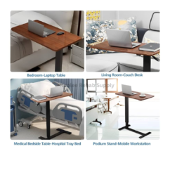 Multifunction overbed table with wheels used as a bedside laptop desk, hospital tray table, couch workstation, and portable mobile workspace.