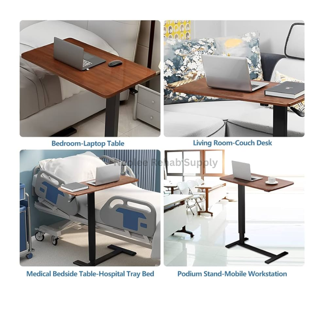 Multifunction overbed table with wheels used as a bedside laptop desk, hospital tray table, couch workstation, and portable mobile workspace.