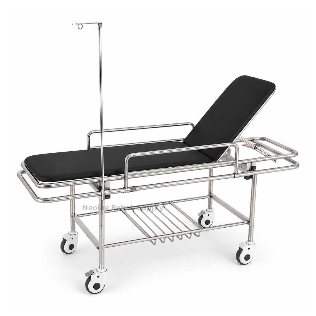 Stainless-steel patient transfer trolley with raised adjustable backrest, safety side rails, IV pole and castor wheels.