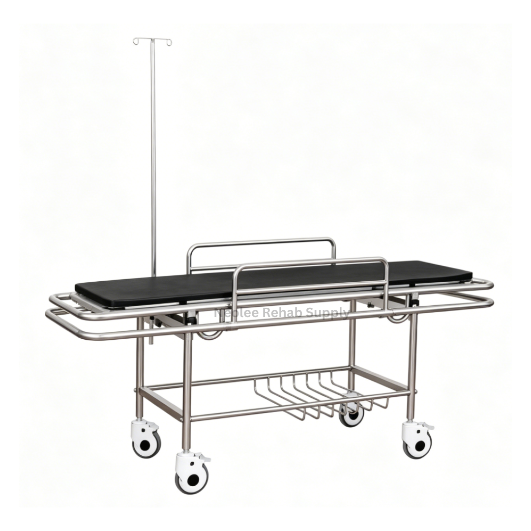 Patient transfer trolley in a flat position with padded mattress, folding side rails, IV pole and lower storage rack.
