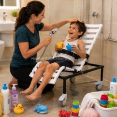 Young child smiling while seated safely in a reclining pediatric shower chair during assisted bathing, with caregiver using a handheld shower spray in a bathroom setting.