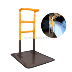 Portable bedside handrail with heavy-duty floor base and anti-slip grip bars designed to assist elderly users when getting in and out of bed safely.