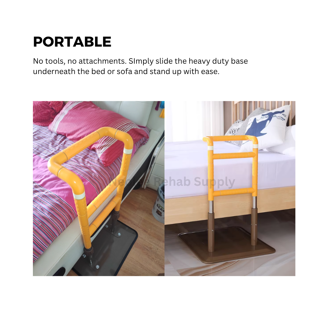 Portable bedside assist rail positioned beside beds and sofas, providing stable support for standing up without tools or permanent installation.