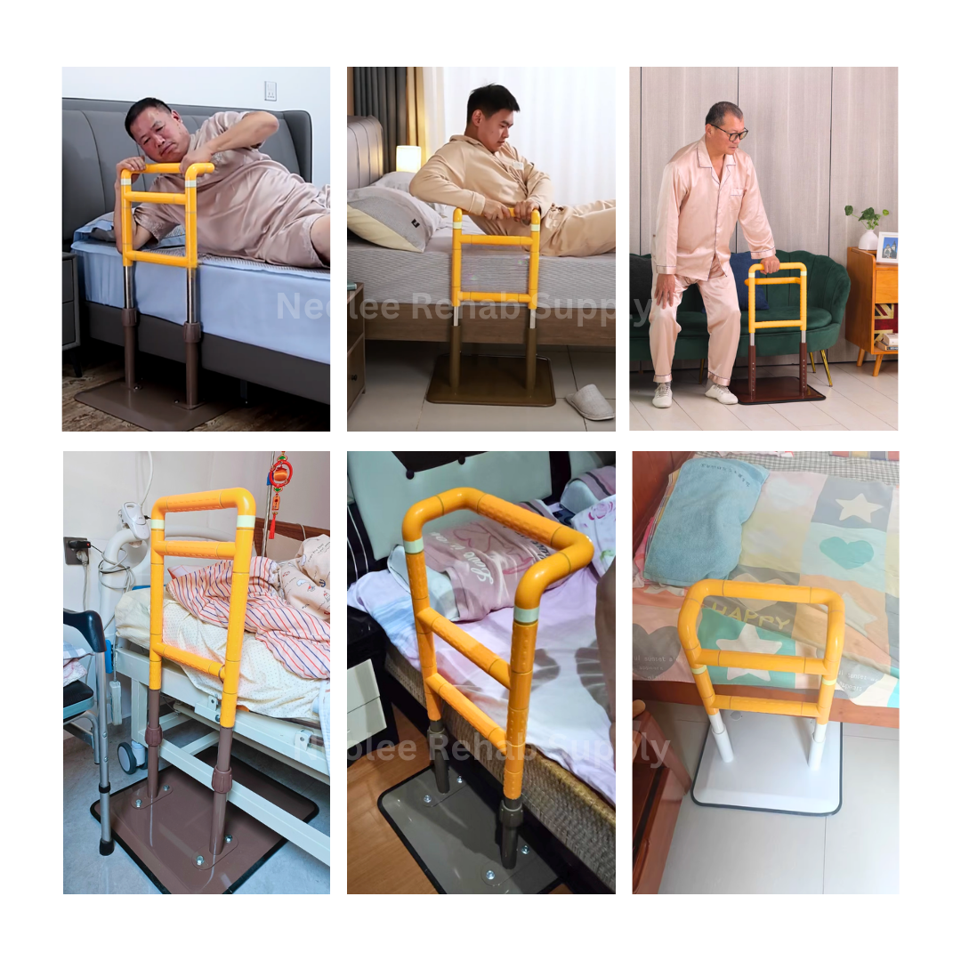 Multiple real-life usage examples of portable bedside handrails installed beside beds, sofas, and bathrooms to improve stability and reduce fall risks.
