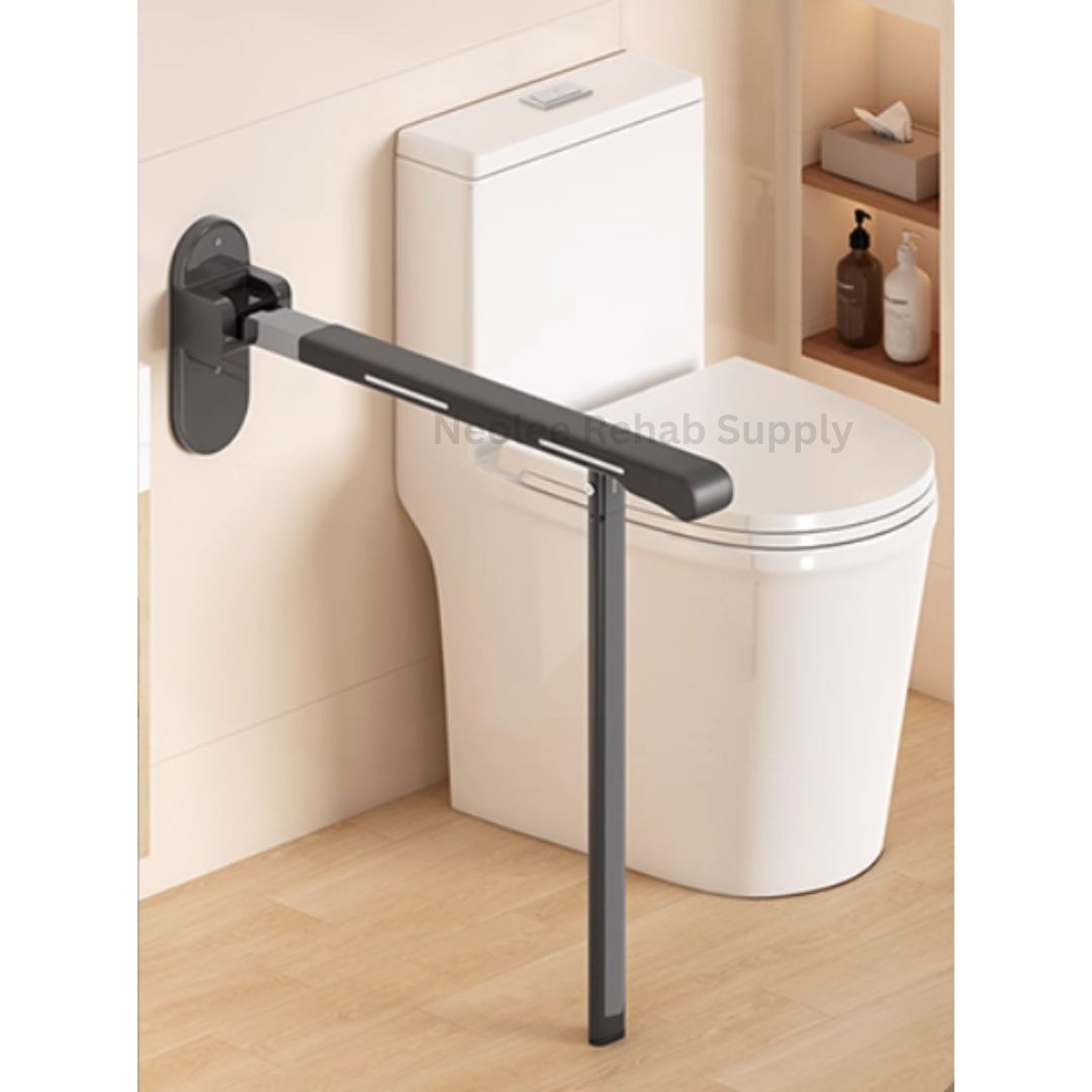 Clean product installation image of the Premium Grip Bar mounted beside a modern toilet, showing its sturdy support structure and minimalist foldable design.