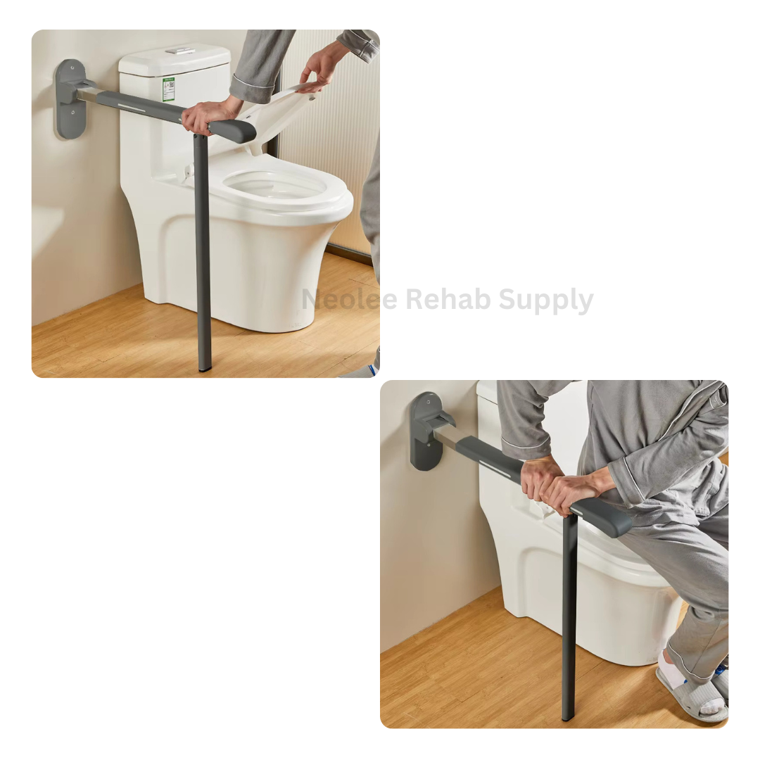 A user safely holding the Premium Grip Bar while transferring near a toilet, demonstrating stability, balance support, and practical bathroom assistance.