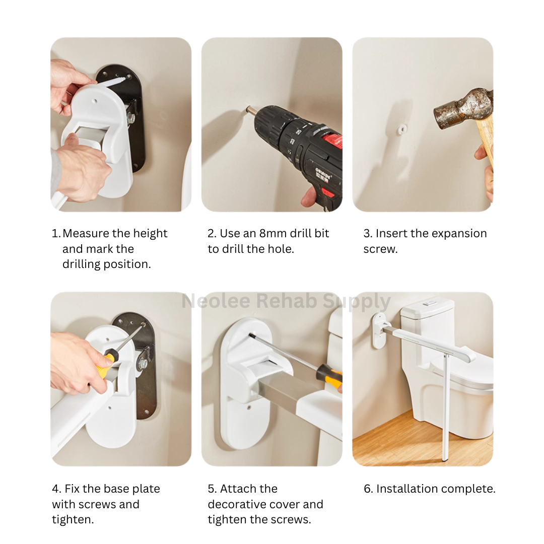 Step-by-step instructional graphic illustrating the installation process of the Premium Grip Bar, including mounting, securing, and folding mechanisms for bathroom safety support.