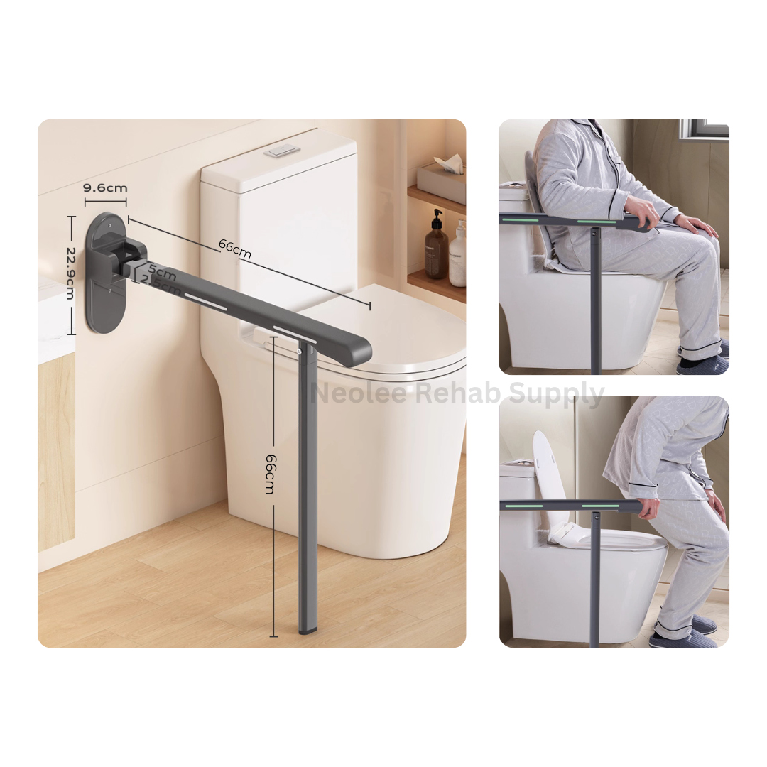 Lifestyle feature collage showing the Premium Grip Bar assisting users while sitting and standing beside a toilet, highlighting ergonomic support and foldable accessibility design.