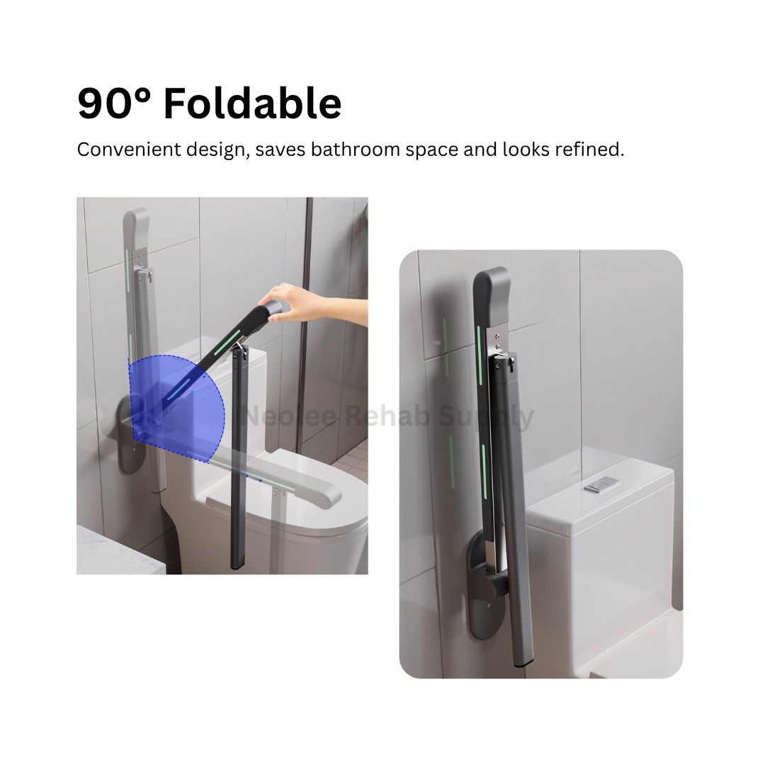 A wall-mounted Premium Grip Bar installed beside a toilet, demonstrating its 90-degree foldable function for space-saving bathroom accessibility and support.