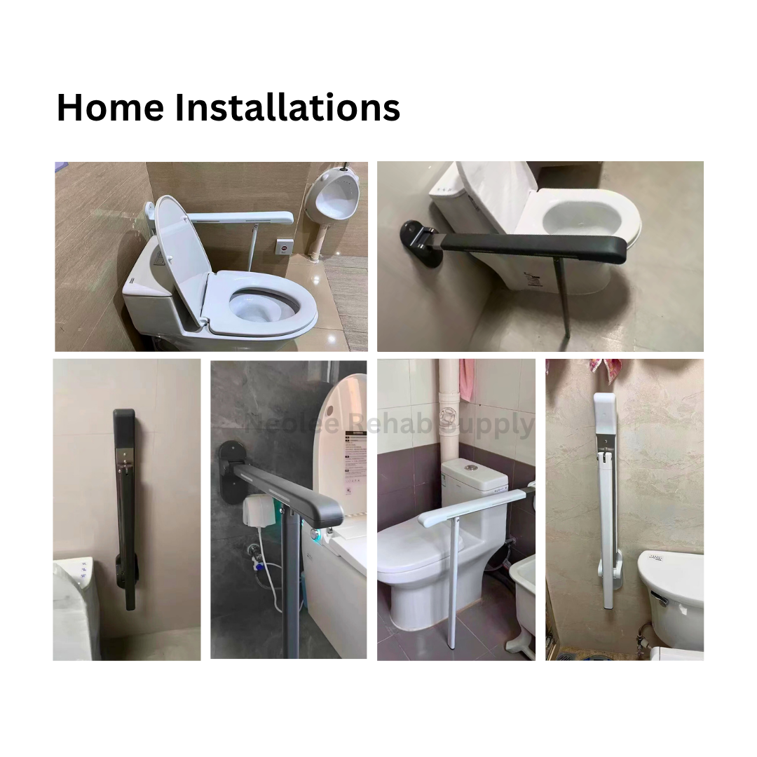 Collage of real-life home installations of the Premium Grip Bar in various bathroom settings, demonstrating accessibility support near toilets and shower areas.