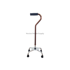 Big base quad cane with wide four-point support base, ergonomic curved handle, and anti-slip rubber tips designed to improve stability and balance for elderly users and rehabilitation support.
