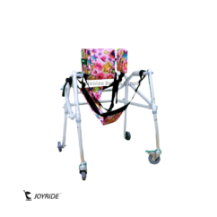 Front angled view of the Joyride Reverse Child Walker featuring a lightweight pediatric gait trainer frame, colorful padded support seat, adjustable straps, and swivel caster wheels for assisted mobility training.