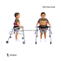 Side and front views of aluminium reverse child walker with chest support and adjustable walking frame for children.