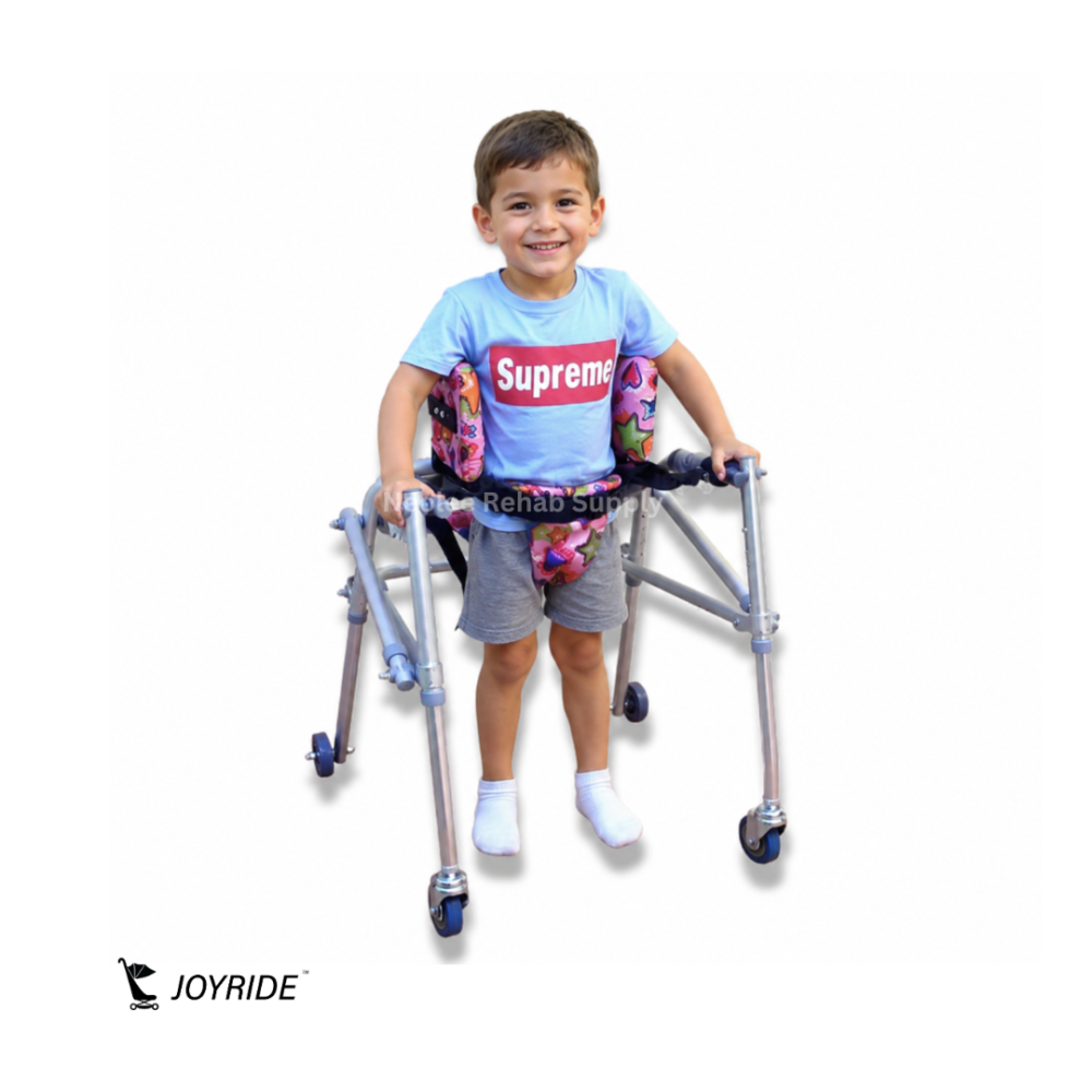 Lightweight aluminium reverse walker for children with supportive harness system and smooth-rolling wheels for therapy use.
