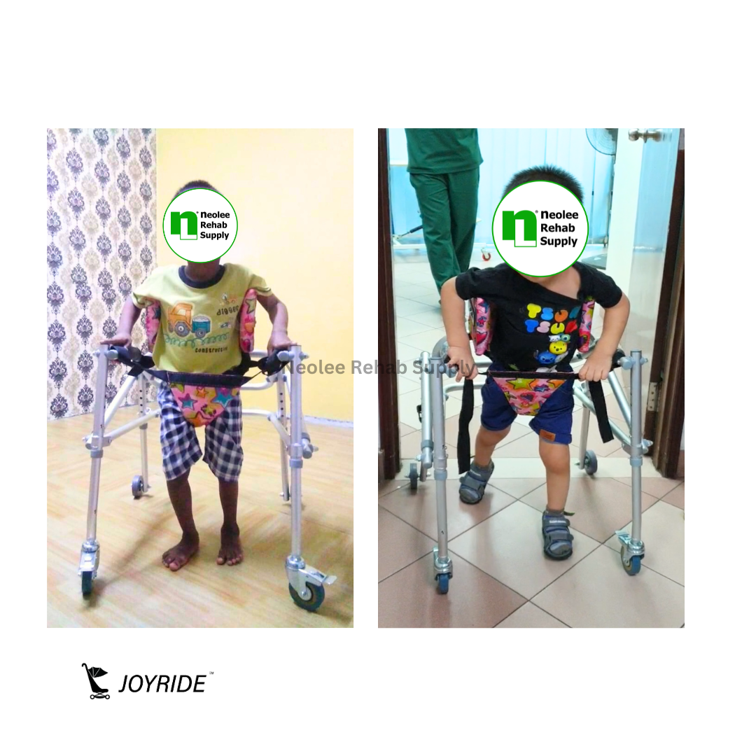 Child using an aluminium reverse walker with supportive harness for posture correction and walking rehabilitation therapy.
