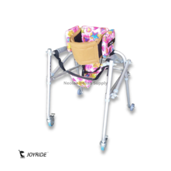 Rear angled view of the Joyride Reverse Child Walker showing padded pelvic support, adjustable frame structure, swivel castors, and lightweight pediatric walking aid design.
