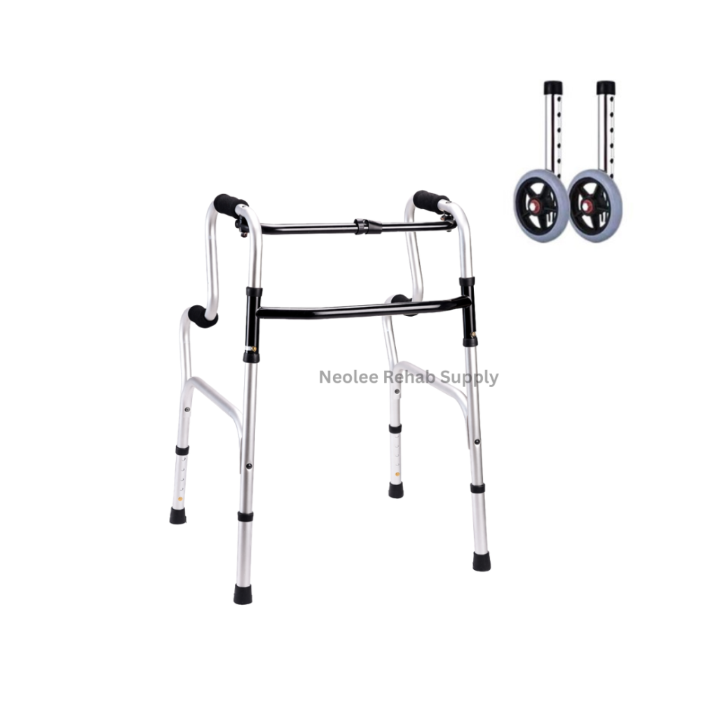 Lightweight aluminium rise up walker with adjustable height, front wheels, and ergonomic hand grips for mobility assistance.