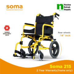Yellow SOMA 215 lightweight wheelchair 14 inch seat with foldable frame, ergonomic seating, and compact manual wheelchair design for daily mobility use.
