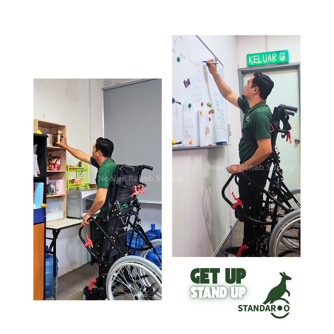 A user operates the Standaroo standing wheelchair indoors, demonstrating assisted standing mobility and independence in a home environment.