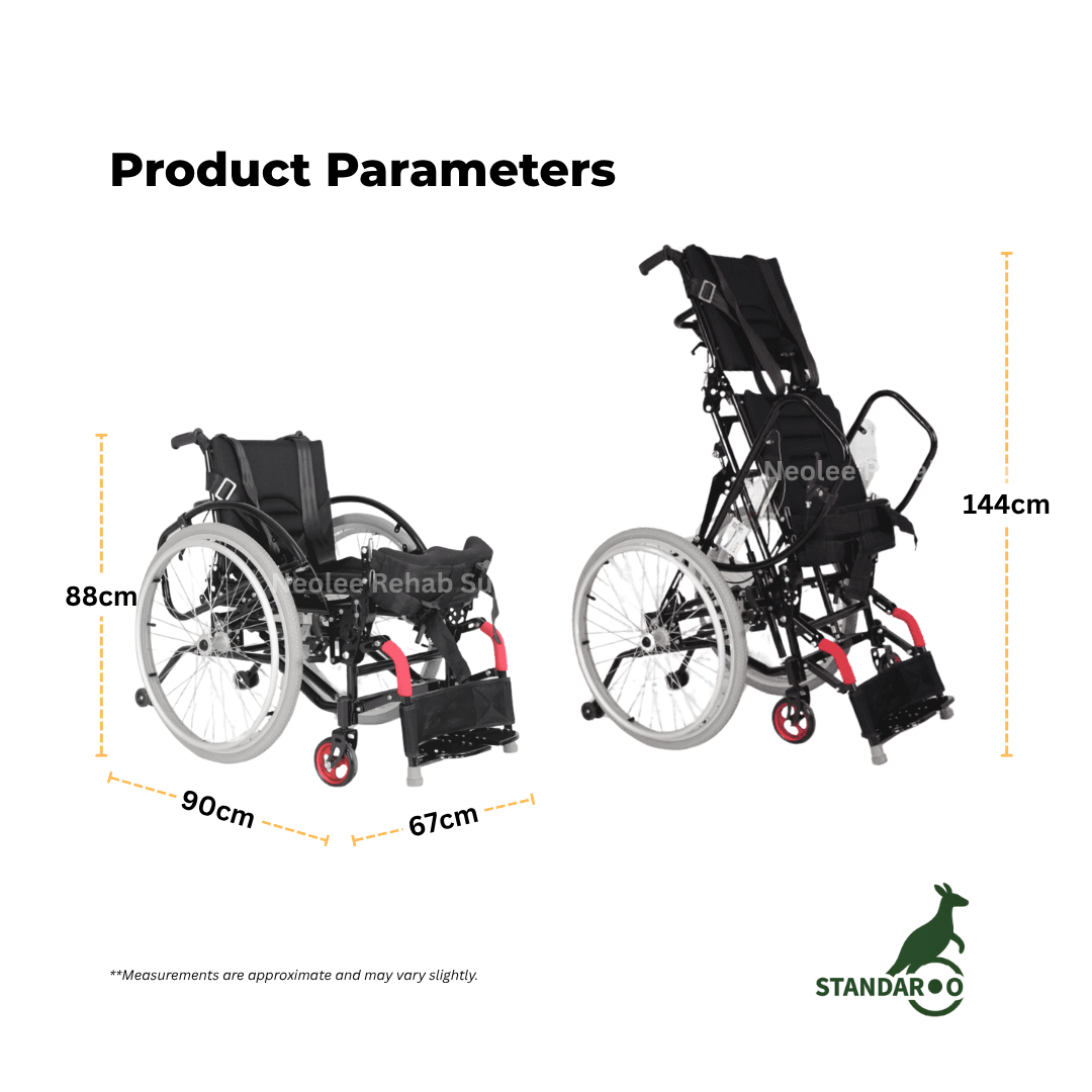 Technical measurement diagram of the Standaroo standing wheelchair displaying overall height, width, standing angle, and frame proportions.