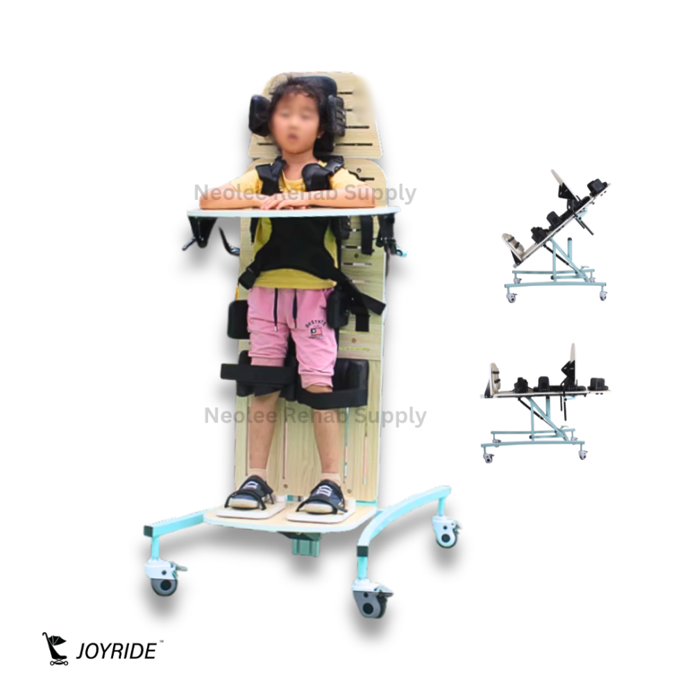 Child using Joyride supine standing frame by Neolee with padded supports, adjustable harness system, and tilt positioning for pediatric rehabilitation therapy.