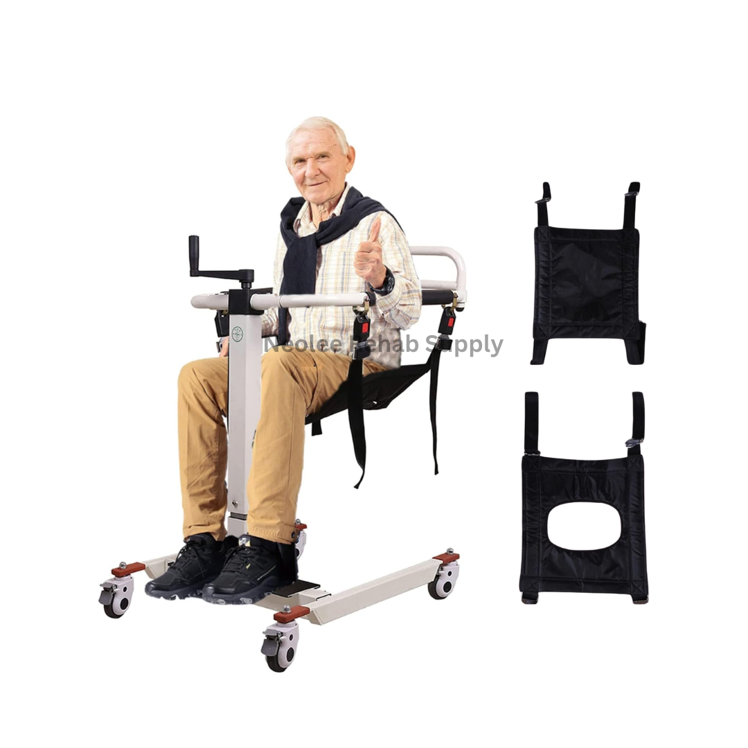 Elderly man seated safely in a transfer hoist chair with detachable seat slings for patient lifting and mobility assistance.
