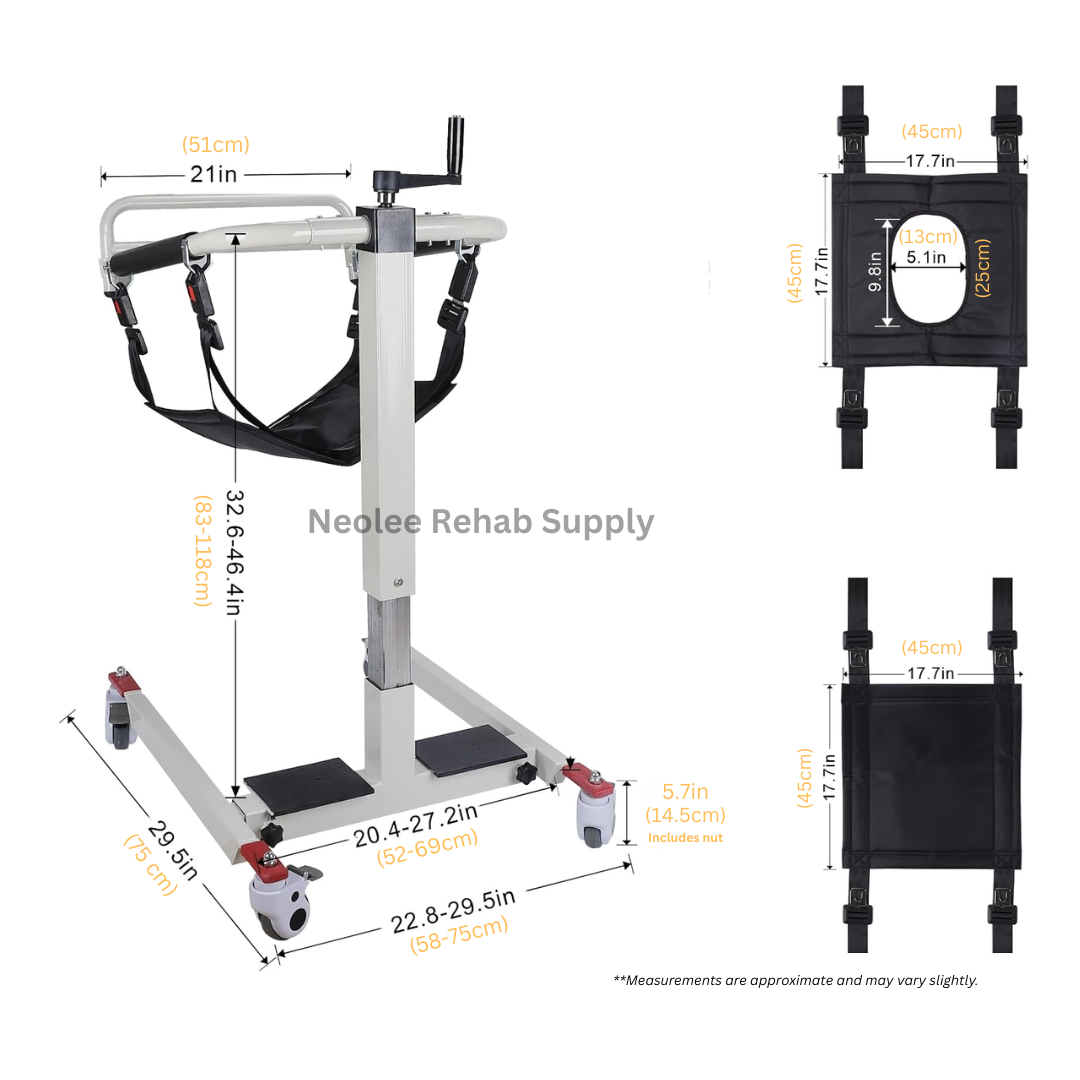 Medical transfer hoist chair showing product dimensions, adjustable frame width, height range, and detachable seat sling measurements.