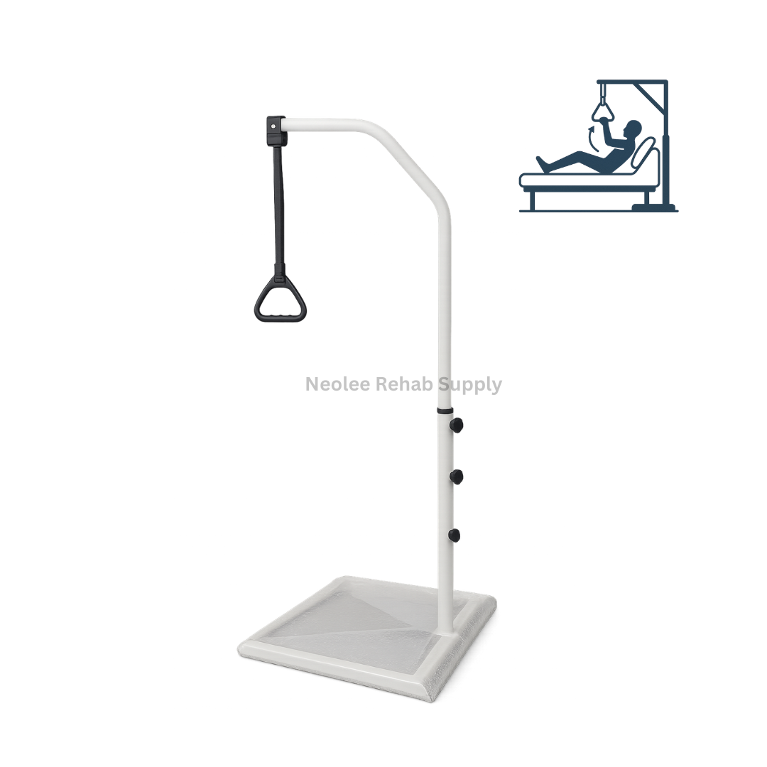 Adjustable patient trapeze bar with sturdy floor base and hanging support handle designed to assist patients with repositioning, sitting up, and bed mobility.
