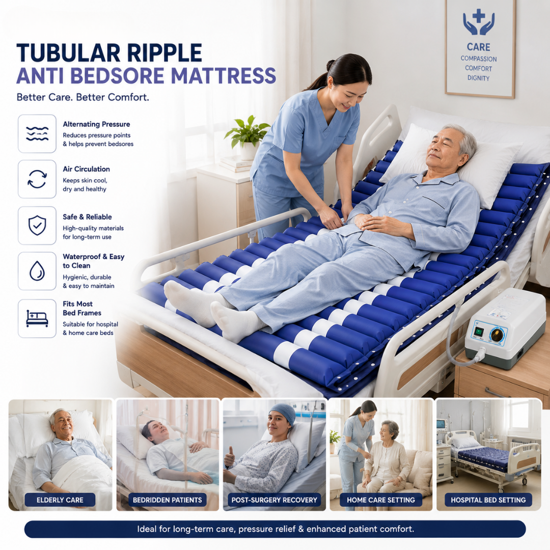 Caregiver assisting a patient lying on the tube ripple anti bedsore mattress featuring alternating pressure therapy and medical air cell technology for pressure sore prevention.