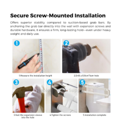 Step-by-step installation guide for screw-mounted U-shape folding bathroom handrail showing secure wall fixing process for stable and long-lasting bathroom support.